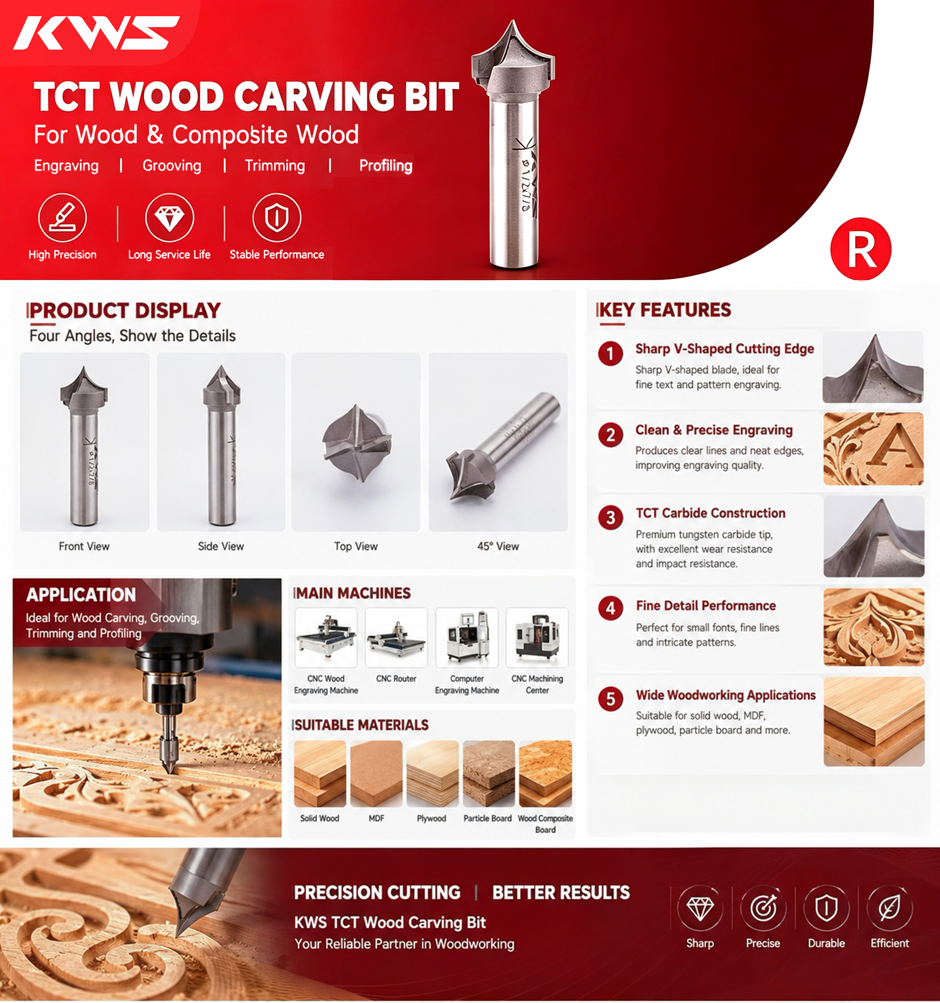 Fresa de grabado puntiaguda KWS TCT para carpintería CNC